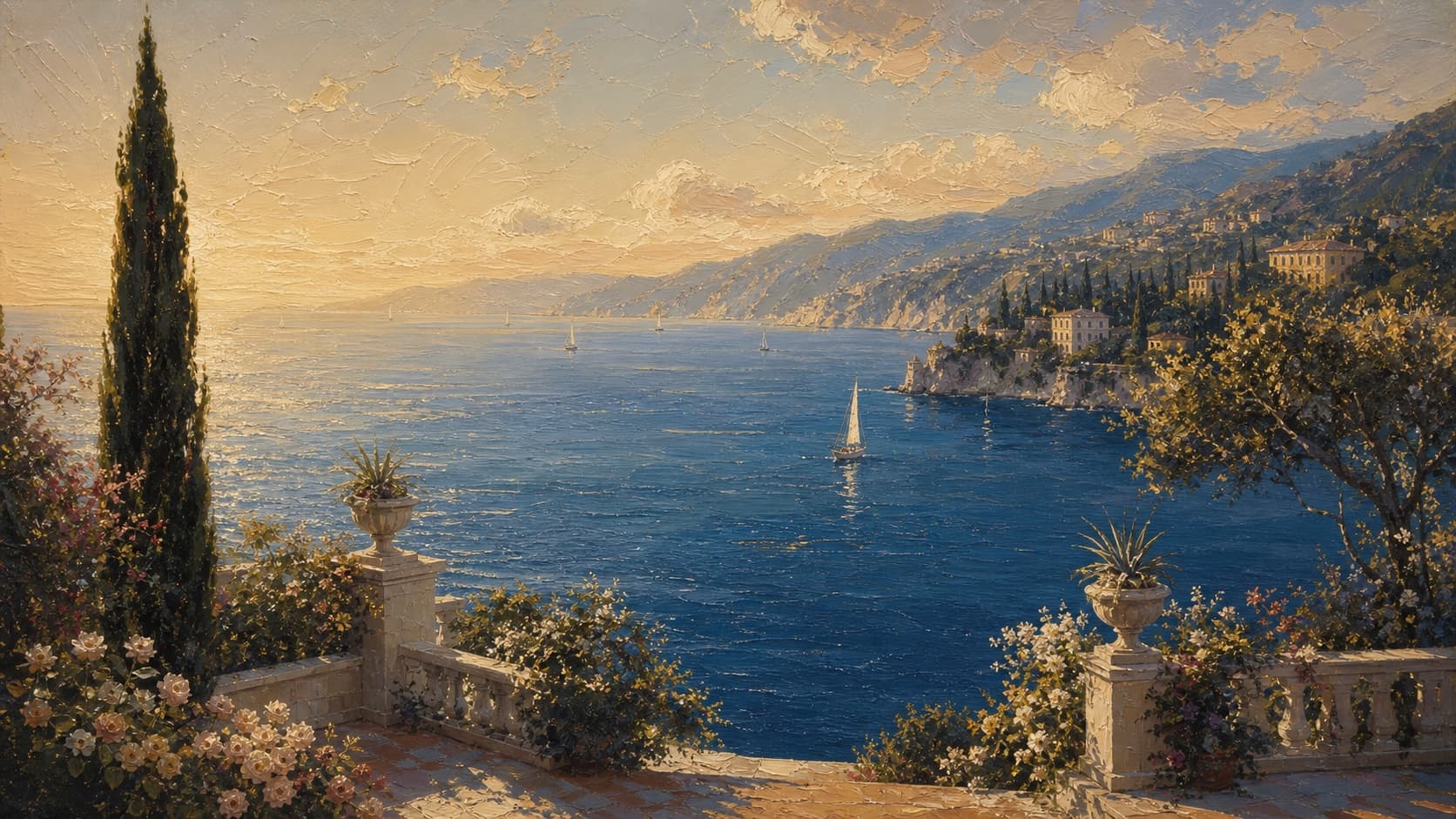 Painterly Mediterranean bay at golden hour, framed by cypress and flowering terraces